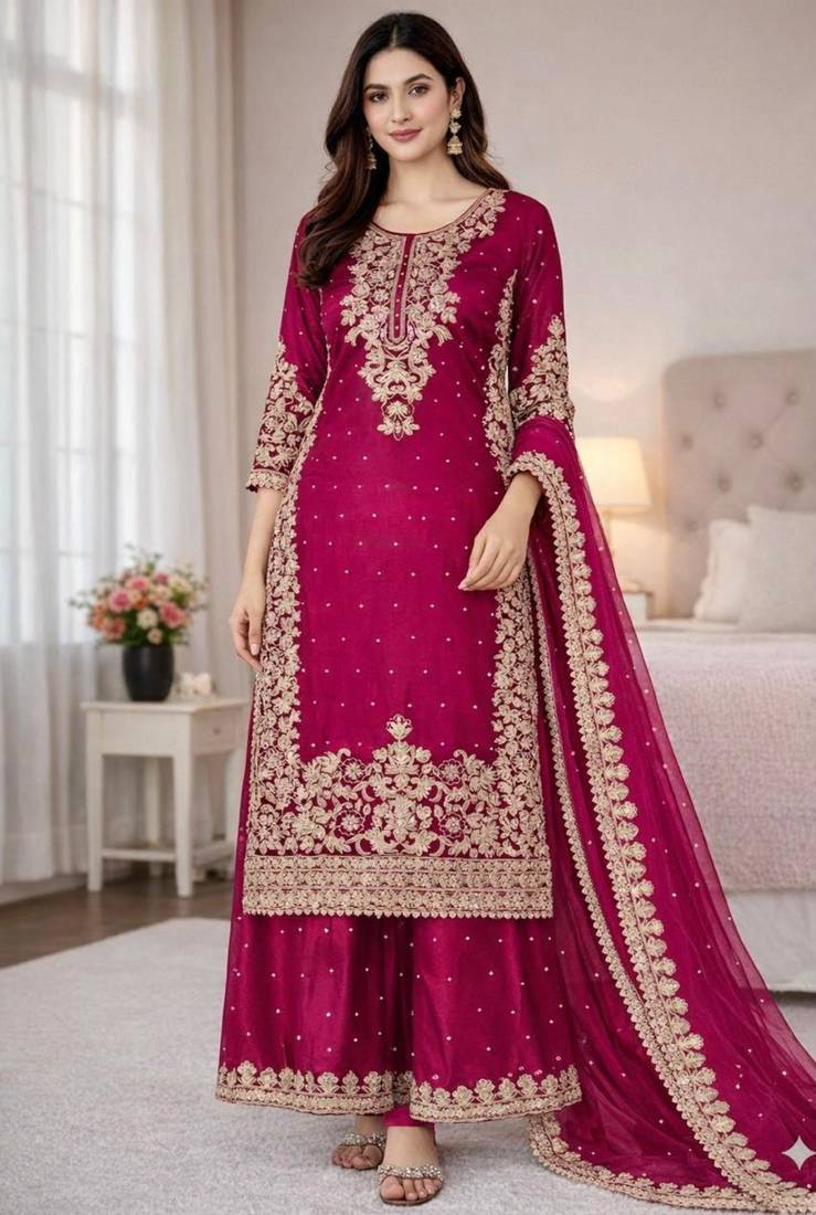 Rani-pink silk blend embroidered palazzo set