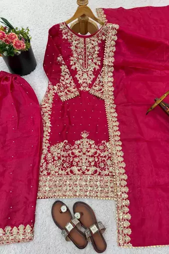 Rani-pink silk blend embroidered palazzo set