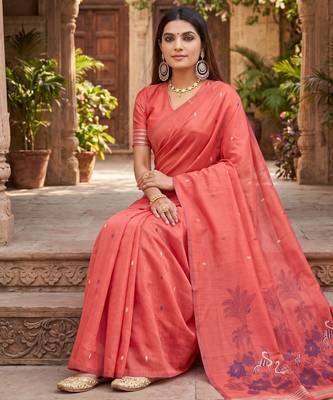 GAJRI LINEN JACUARD WORK SAREE WITH UNSTITCHED BLOUSE PIECE 2