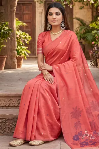 GAJRI LINEN JACUARD WORK SAREE WITH UNSTITCHED BLOUSE PIECE