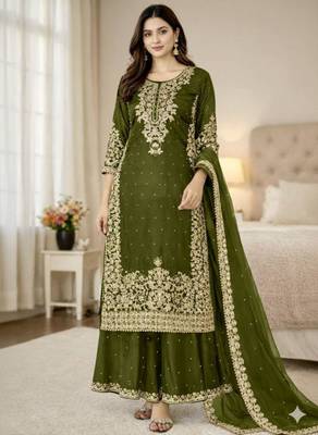 Dark-green silk blend embroidered palazzo set 1