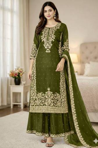 Dark-green silk blend embroidered palazzo set