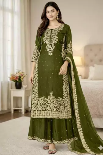Dark-green silk blend embroidered palazzo set
