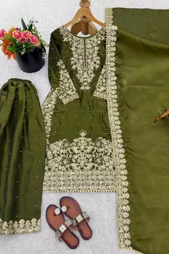 Dark-green silk blend embroidered palazzo set