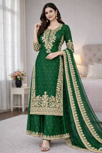 Green silk blend embroidered palazzo set