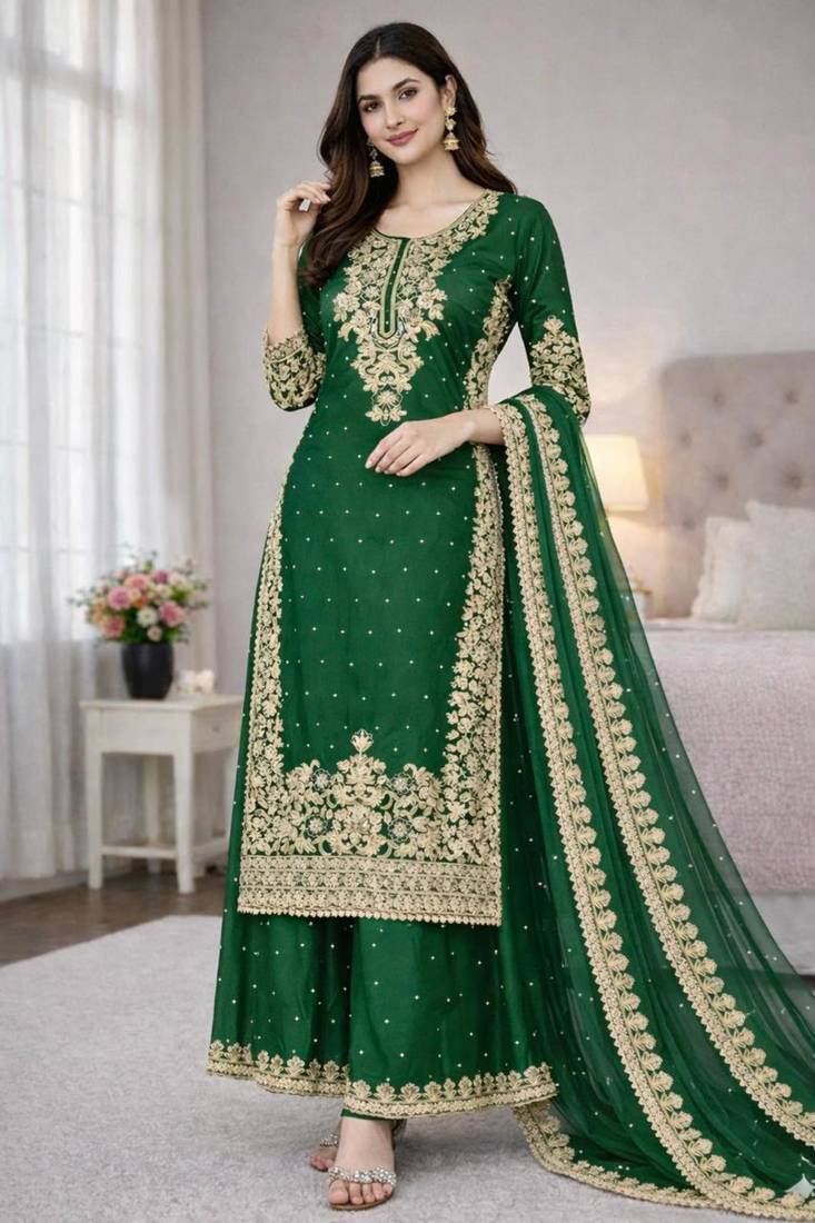 Green silk blend embroidered palazzo set