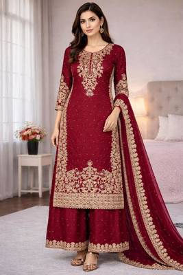 Red silk blend embroidered palazzo set 1