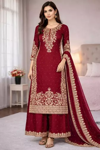 Red silk blend embroidered palazzo set