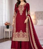 Red silk blend embroidered palazzo set