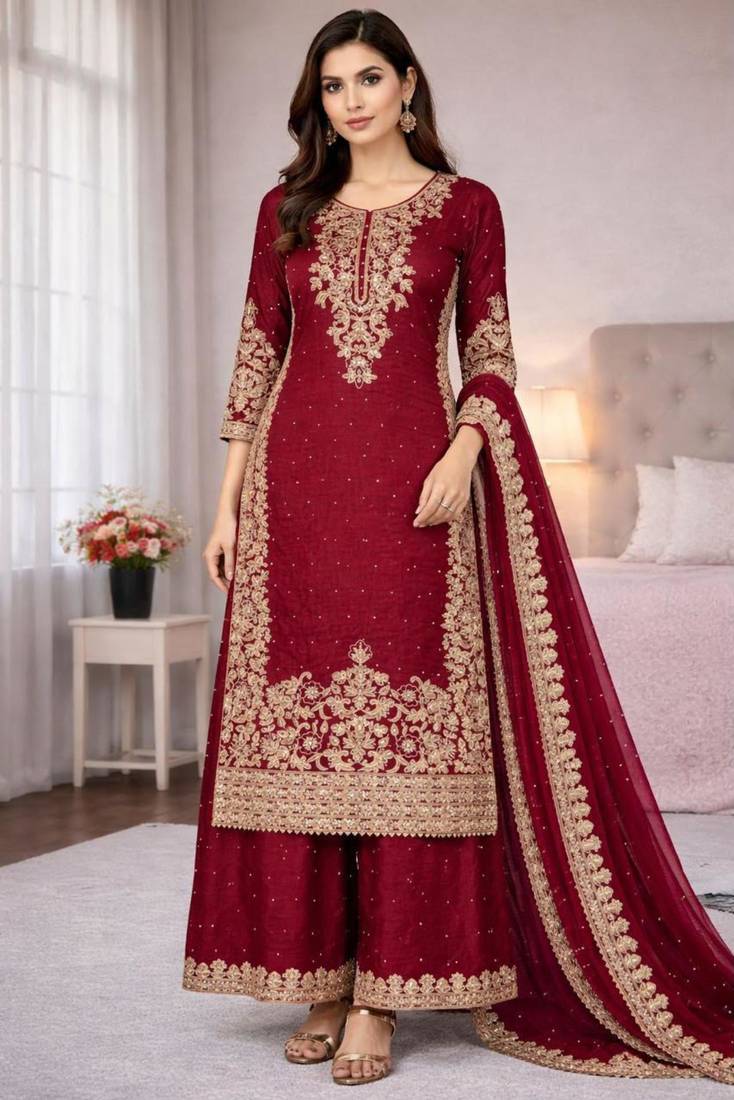 Red silk blend embroidered palazzo set