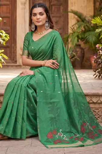 GAJRI LINEN JACUARD WORK SAREE WITH UNSTITCHED BLOUSE PIECE