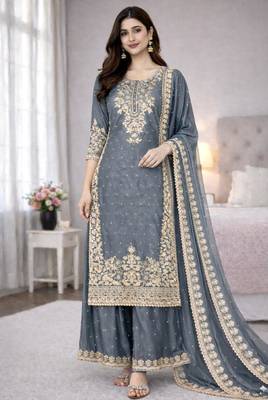 Grey silk blend embroidered palazzo set 1