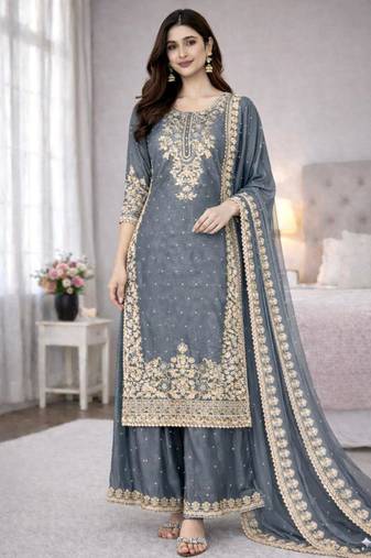 Grey silk blend embroidered palazzo set