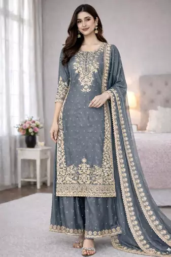 Grey silk blend embroidered palazzo set