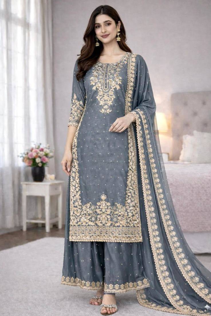 Grey silk blend embroidered palazzo set