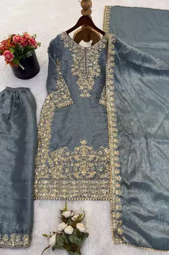 Grey silk blend embroidered palazzo set