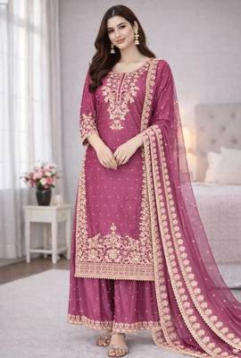 Pink silk blend embroidered palazzo set 1