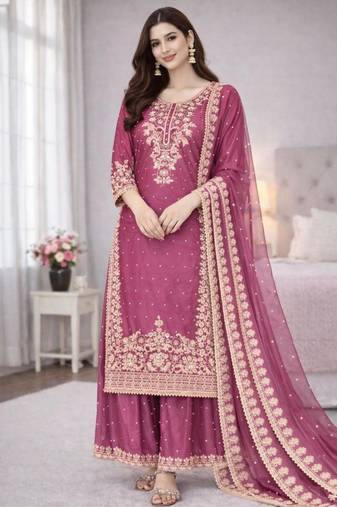 Pink silk blend embroidered palazzo set