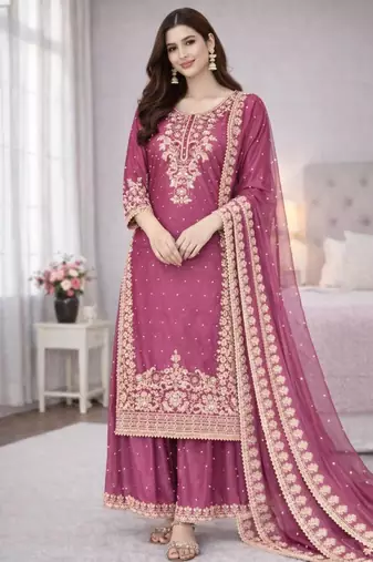Pink silk blend embroidered palazzo set