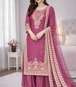 Pink silk blend embroidered palazzo set