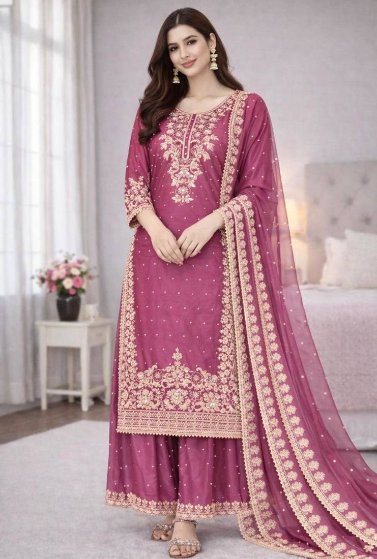 Pink silk blend embroidered palazzo set