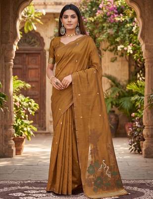 MUSTARD LINEN JACUARD WORK SAREE WITH UNSTITCHED BLOUSE PIECE 1