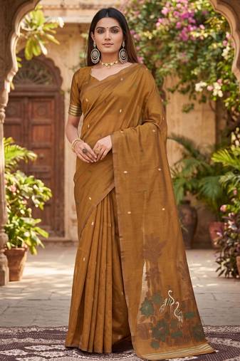 MUSTARD LINEN JACUARD WORK SAREE WITH UNSTITCHED BLOUSE PIECE