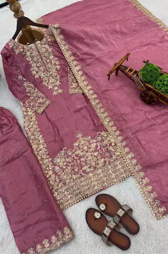Pink silk blend embroidered palazzo set