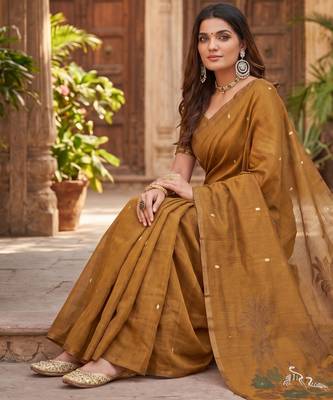 MUSTARD LINEN JACUARD WORK SAREE WITH UNSTITCHED BLOUSE PIECE 2