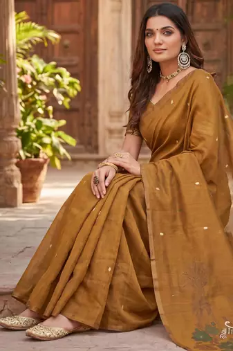 MUSTARD LINEN JACUARD WORK SAREE WITH UNSTITCHED BLOUSE PIECE