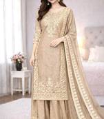 Beige silk blend embroidered palazzo set