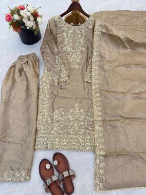 Beige silk blend embroidered palazzo set 2