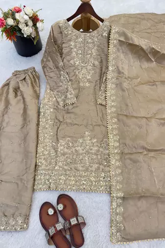 Beige silk blend embroidered palazzo set