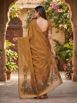 MUSTARD LINEN JACUARD WORK SAREE WITH UNSTITCHED BLOUSE PIECE 3