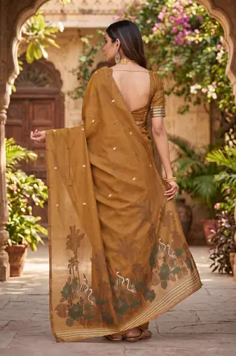 MUSTARD LINEN JACUARD WORK SAREE WITH UNSTITCHED BLOUSE PIECE