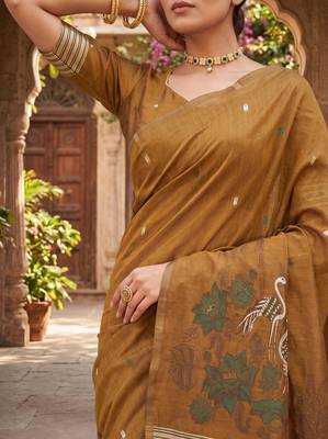 MUSTARD LINEN JACUARD WORK SAREE WITH UNSTITCHED BLOUSE PIECE 4