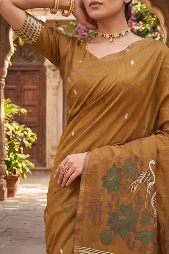 MUSTARD LINEN JACUARD WORK SAREE WITH UNSTITCHED BLOUSE PIECE