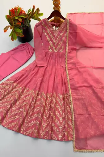 Pink silk blend embroidered flared gown set