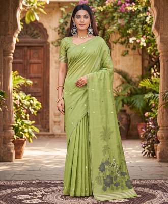 PARROT GREEN LINEN JACUARD WORK SAREE WITH UNSTITCHED BLOUSE PIECE 1