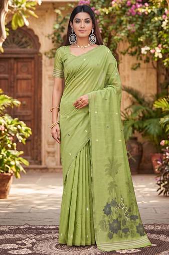 PARROT GREEN LINEN JACUARD WORK SAREE WITH UNSTITCHED BLOUSE PIECE