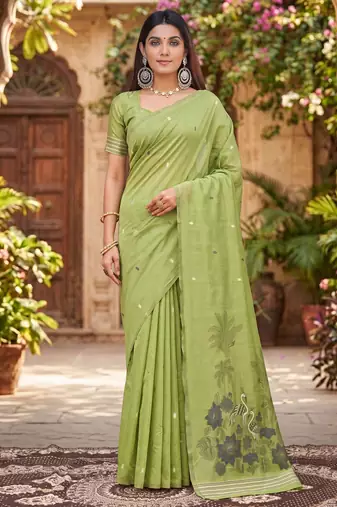 PARROT GREEN LINEN JACUARD WORK SAREE WITH UNSTITCHED BLOUSE PIECE