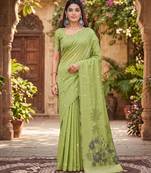 PARROT GREEN LINEN JACUARD WORK SAREE WITH UNSTITCHED BLOUSE PIECE