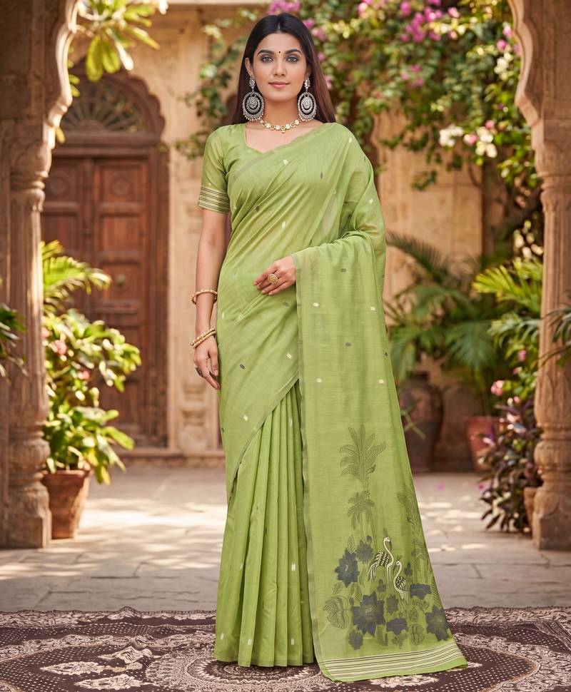 PARROT GREEN LINEN JACUARD WORK SAREE WITH UNSTITCHED BLOUSE PIECE