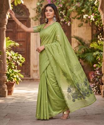 PARROT GREEN LINEN JACUARD WORK SAREE WITH UNSTITCHED BLOUSE PIECE 2
