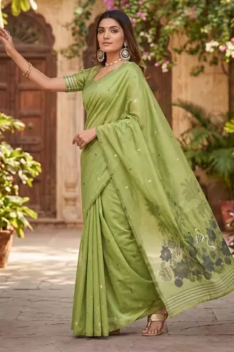 PARROT GREEN LINEN JACUARD WORK SAREE WITH UNSTITCHED BLOUSE PIECE