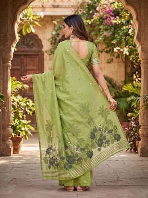 PARROT GREEN LINEN JACUARD WORK SAREE WITH UNSTITCHED BLOUSE PIECE 3