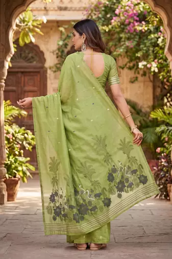 PARROT GREEN LINEN JACUARD WORK SAREE WITH UNSTITCHED BLOUSE PIECE