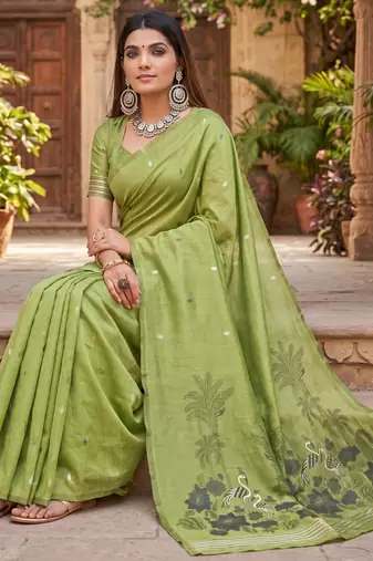 PARROT GREEN LINEN JACUARD WORK SAREE WITH UNSTITCHED BLOUSE PIECE