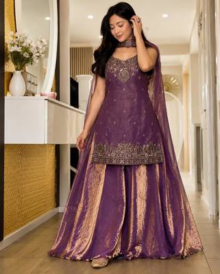 Purple silk blend embroidered palazzo set 1