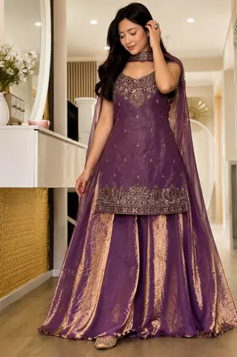 Purple silk blend embroidered palazzo set